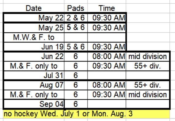 2026 Summer Shinny Sched